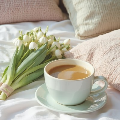 Cozy morning with coffee and fresh flowers on bed