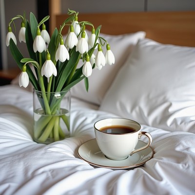 Warm coffee and fresh flowers on a cozy bed