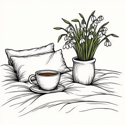 Cozy morning setup with coffee and flowers by the bed