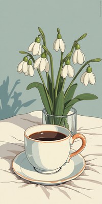 Warm coffee and snowdrop flowers on a cozy table