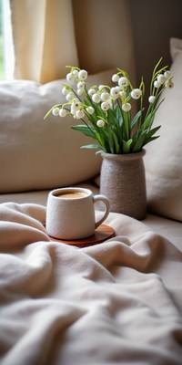 Cozy morning with coffee and fresh flowers at home
