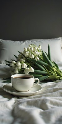 Coffee and snowdrop flowers on a cozy bed