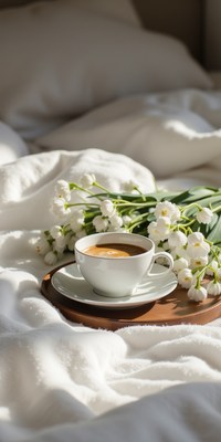 Morning coffee and flowers on a cozy bed
