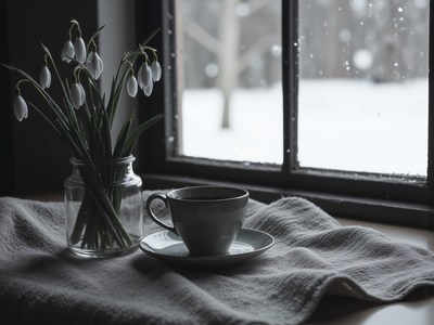 Winter morning with a warm drink and flowers by the window