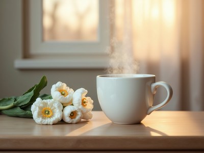 Warm cup of tea beside fresh flowers at sunset