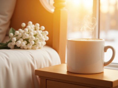 Warm cup of coffee beside a cozy bed in morning light