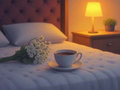 Cozy bedroom setup with coffee and flowers at night