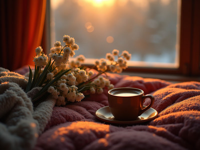 Warm morning cup by the window with flowers and sunlight