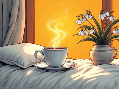 Warm morning embrace with coffee and flowers