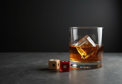 Whiskey with ice and dice on a dark surface