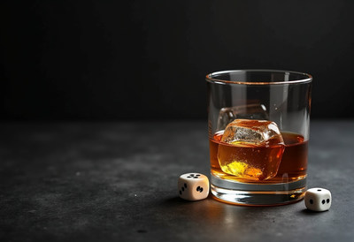 Enjoying whiskey and dice on a dark surface