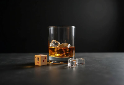Whiskey on rocks with dice in dimly lit setting