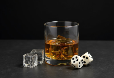 Whiskey and dice create a relaxed gaming atmosphere
