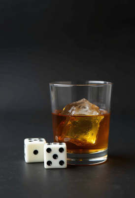 Whiskey with ice and dice on a dark table