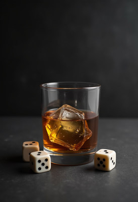 Whiskey with ice and dice on a dark table