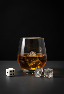 Glass of whiskey with ice cubes and dice on table