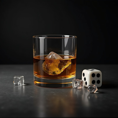 Enjoying whiskey with ice and dice on a dark tabletop