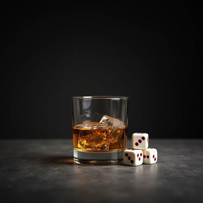 Whiskey glass with ice and white dice on dark table