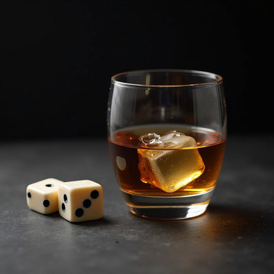 Enjoying whiskey on the rocks with dice nearby