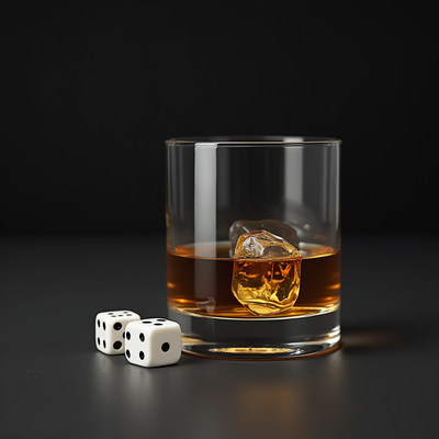 Whiskey on the rocks with dice for a game night