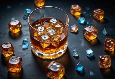 Cocktail glass surrounded by dice and ice on a dark surface