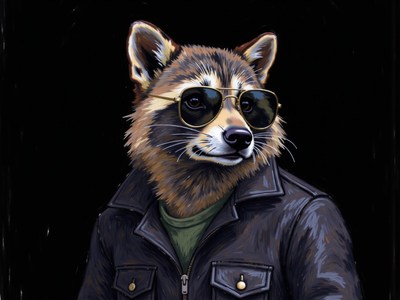 Raccoon wearing sunglasses and jacket poses confidently