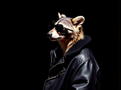 Chic raccoon in shades and jacket strikes a pose