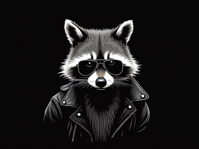 Raccoon in sunglasses wearing leather jacket stands cool