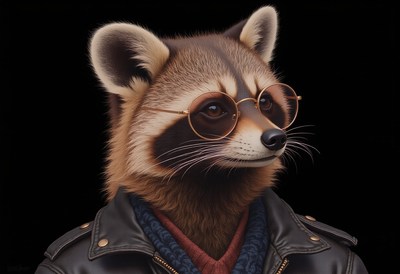 Raccoon wearing glasses and a jacket poses for portrait