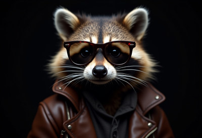 Raccoon wearing sunglasses and leather jacket posing coolly