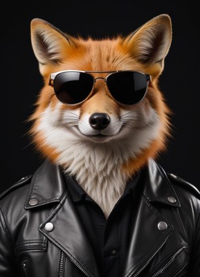 Fox dressed in leather jacket and sunglasses poses coolly