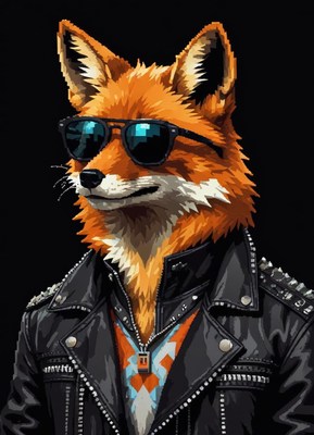 Fox wearing sunglasses and leather jacket in vibrant art