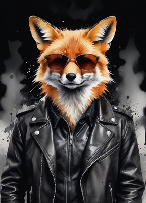 Fox in shades and leather jacket on dark bg