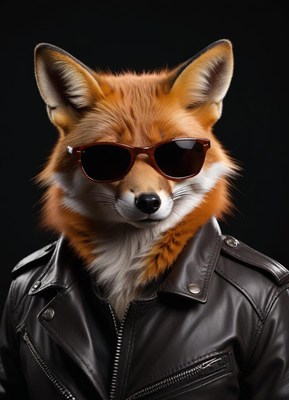 Fox wearing sunglasses and leather jacket poses confidently