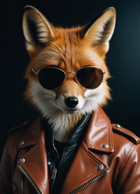Fox in leather jacket and shades, posing coolly
