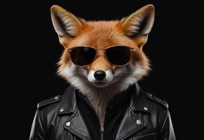 Fox wearing sunglasses and leather jacket poses confidently