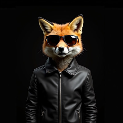 Fox in shades and leather jacket on dark backdrop