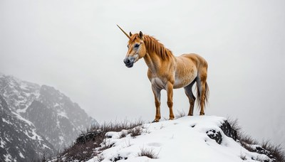 Majestic unicorn standing on snowy mountain peak