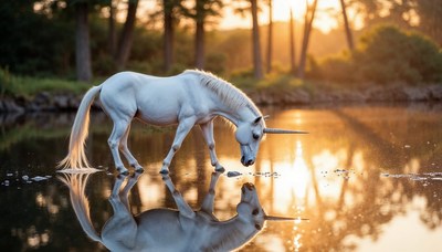 Magical unicorn near serene water at sunset