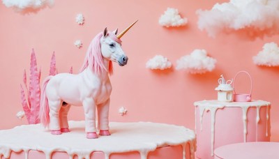 Unicorn figure in whimsical pink setting with clouds