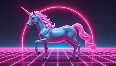 Unicorn under neon arch in a surreal landscape