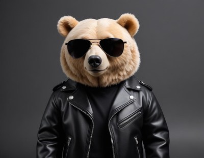 Sunglasses-wearing bear in a leather jacket poses coolly