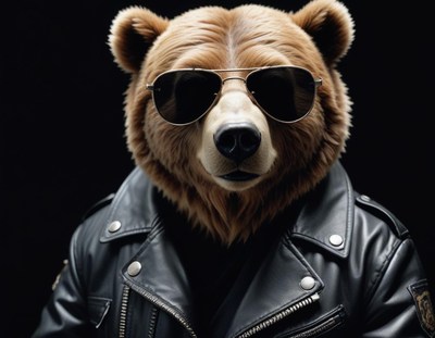 Bear in sunglasses wearing leather jacket poses confidently