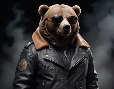 Bear in leather jacket and sunglasses stands confidently