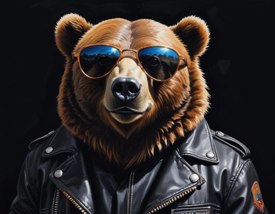 Bear wearing sunglasses and leather jacket shows attitude