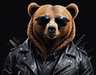 Bear in sunglasses wears leather jacket with attitude