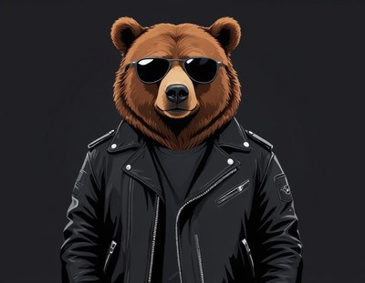 Bear in sunglasses wearing leather jacket poses cool