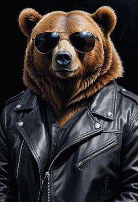 Bear in sunglasses wearing leather jacket poses confidently