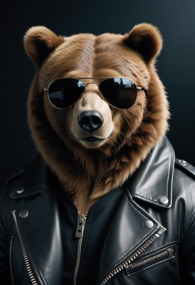 Realistic bear wearing sunglasses and leather jacket