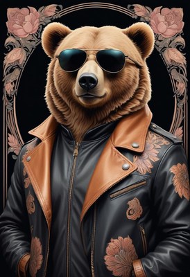 Bear wearing sunglasses and leather jacket poses confidently